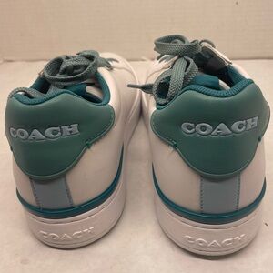 Coach leather low top tennis shoes, teal and white